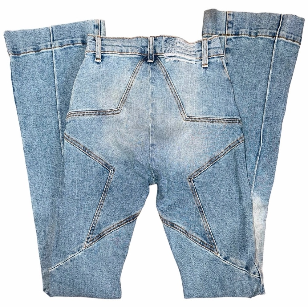Revice “Venus” Flare Jeans Star Stitch High Rise Light Wash Denim Retro 70s Vibe